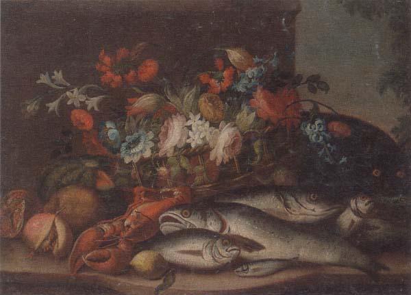 unknow artist Still life of a basket of flowers,fruit,lobster,fish and a cat,all upon a stone ledge oil painting image